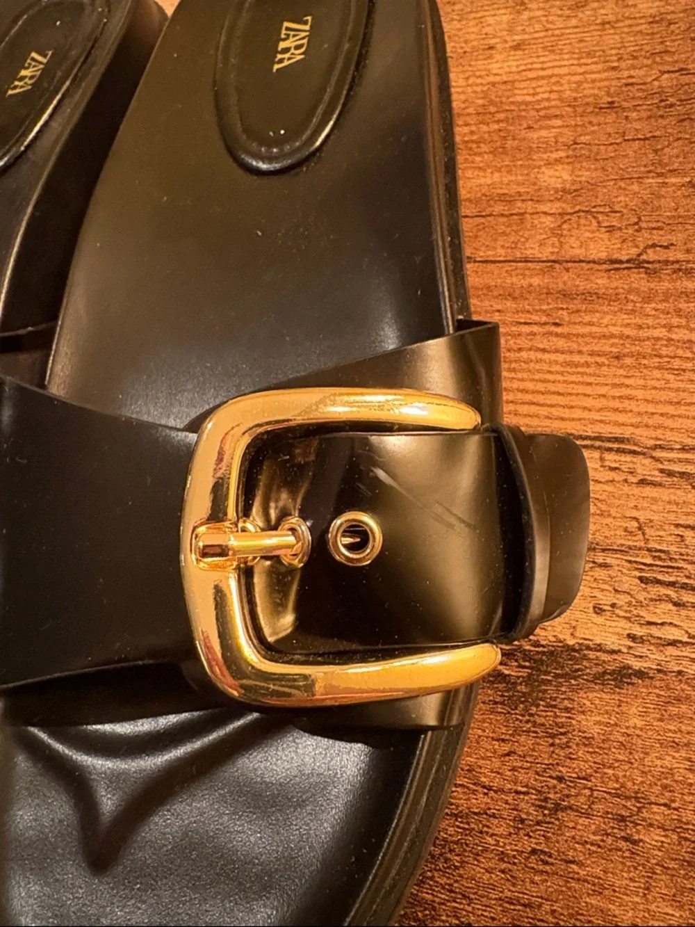 Zara Black Slide Sandals with Gold Buckles - Picture 4 of 9